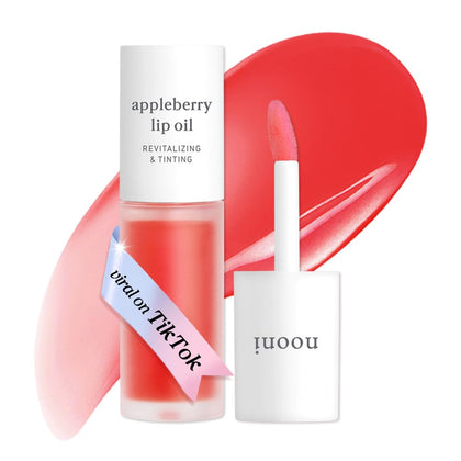 NOONI Korean Lip Oil Appleberry front view with tinted gloss