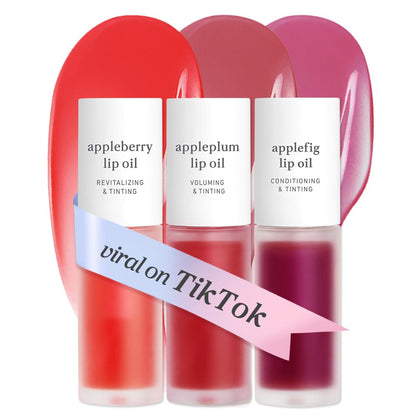 NOONI Lip Oil Set packaging with Appleberry, Appleplum, and Applefig glosses