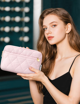 Noozion Makeup Bag filled with cosmetics and skincare products