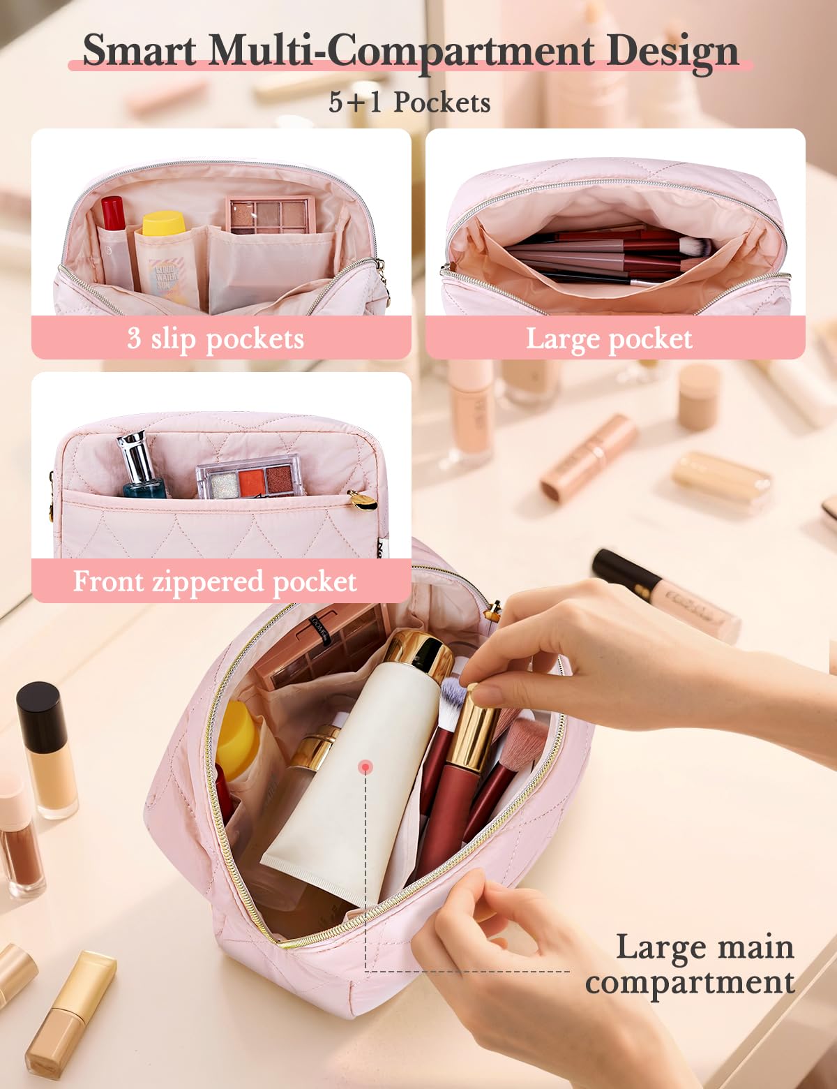 Noozion Makeup Bag with front zipper pouch open