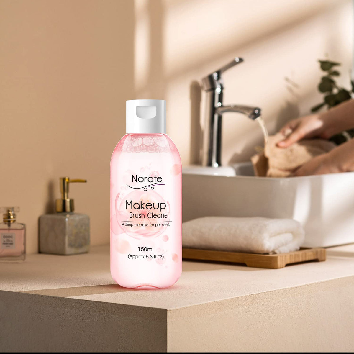 Norate Makeup Brush Cleaner packaging on a flat surface