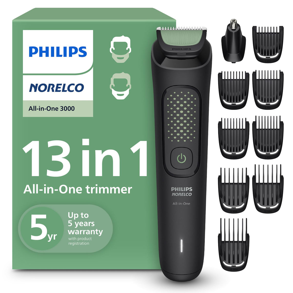 Norelco All-in-One 3000 Series Trimmer front view with attachments