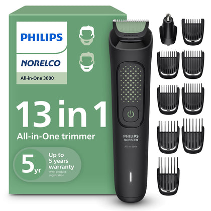 Norelco All-in-One 3000 Series Trimmer front view with attachments