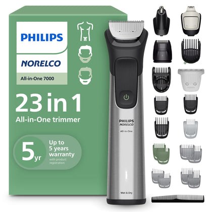 Norelco All-in-One 7000 Trimmer front view with attachments