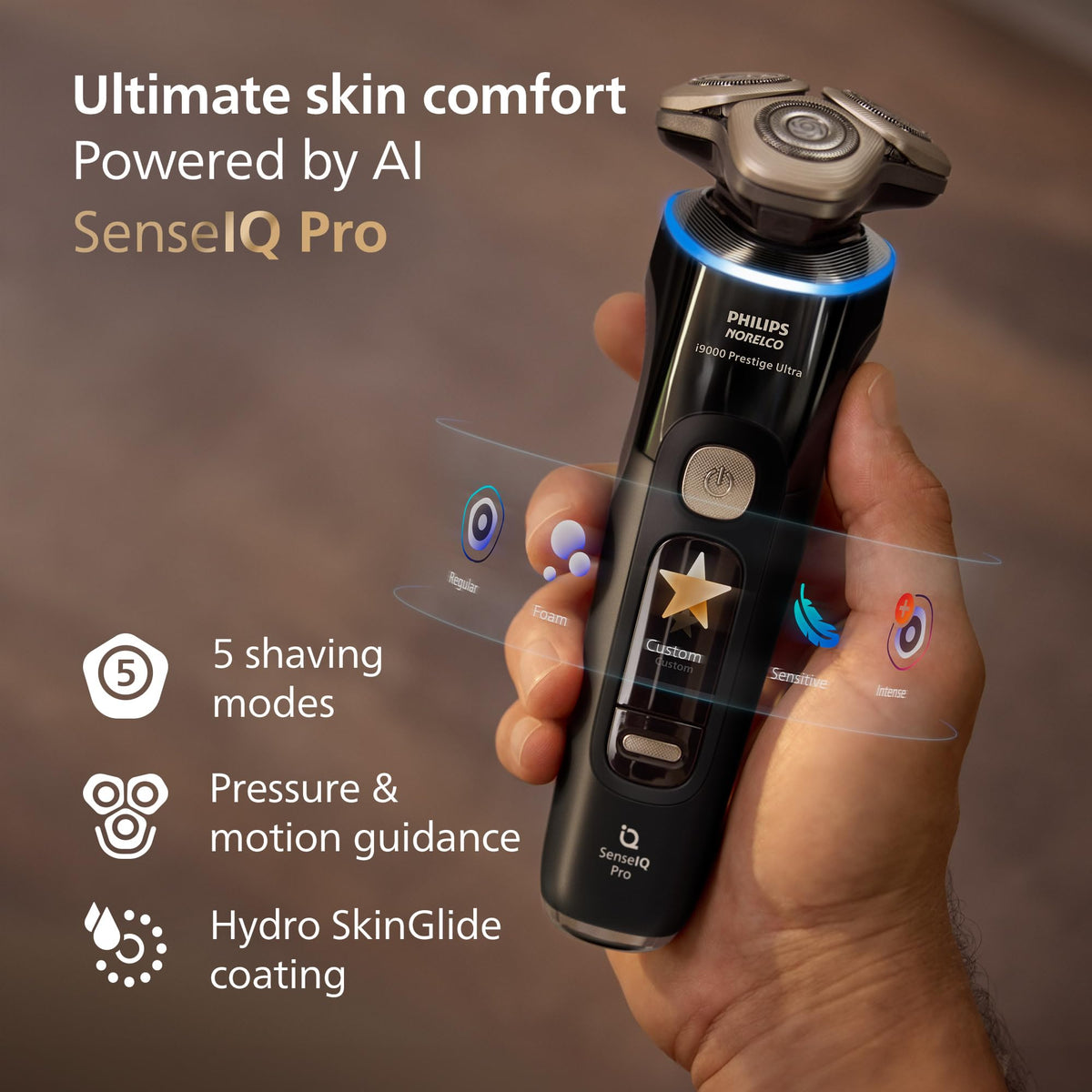 Norelco i9000 Prestige Electric Shaver showing custom shave modes