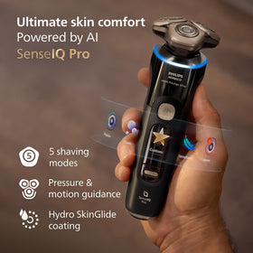 Norelco i9000 Prestige Electric Shaver showing custom shave modes