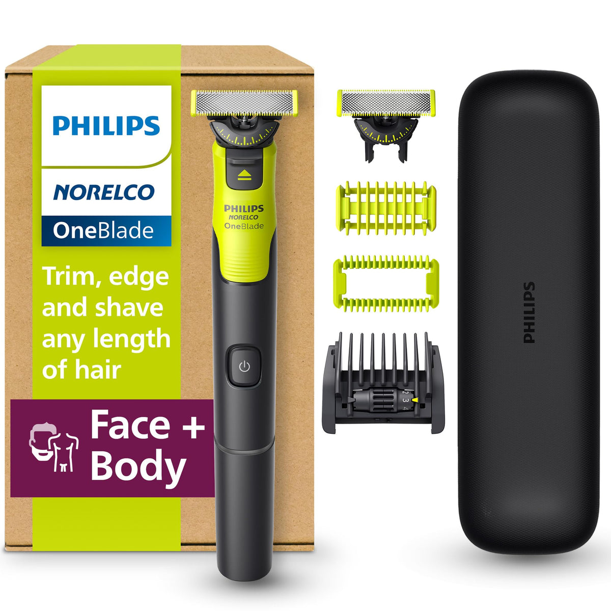 Norelco OneBlade 360 front view with 360 Blade and comb