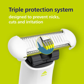 Norelco OneBlade Skin Protect blades displayed on a bathroom counter