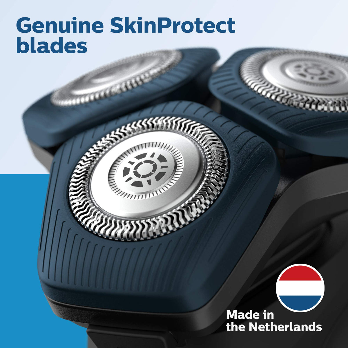 Norelco replacement heads in a lifestyle setting on a bathroom shelf