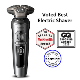Norelco S9000 Prestige shaver in premium cleaning pod