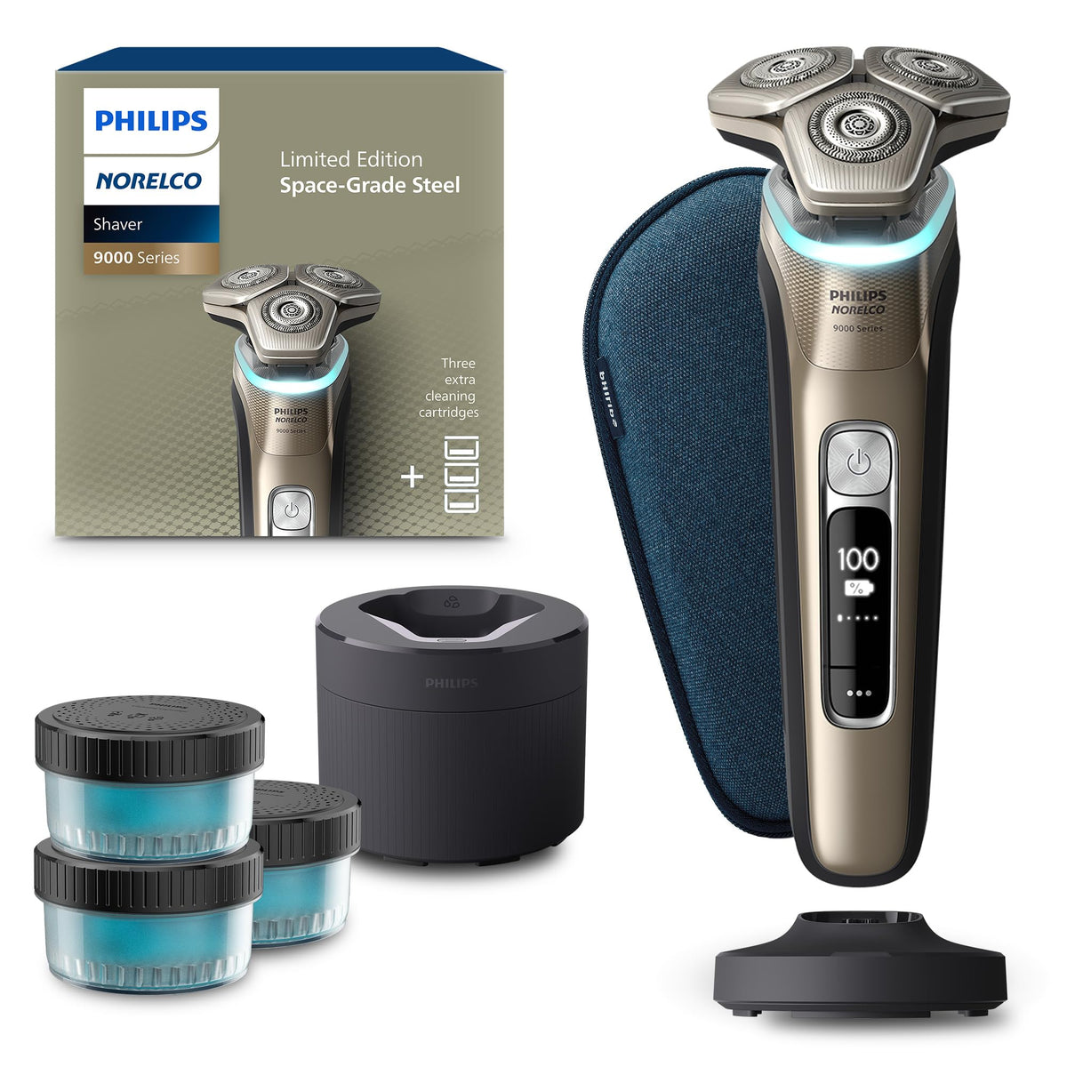 Norelco Shaver Series 9000 front view with accessories