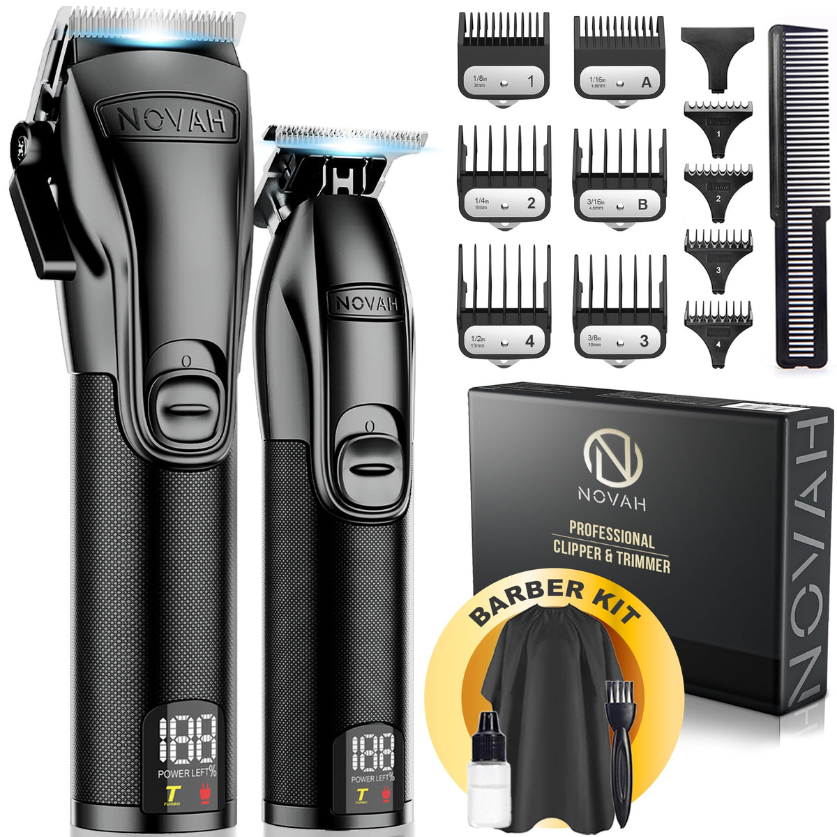 NOVAH Grooming Professional Hair Clippers Set front view with accessories