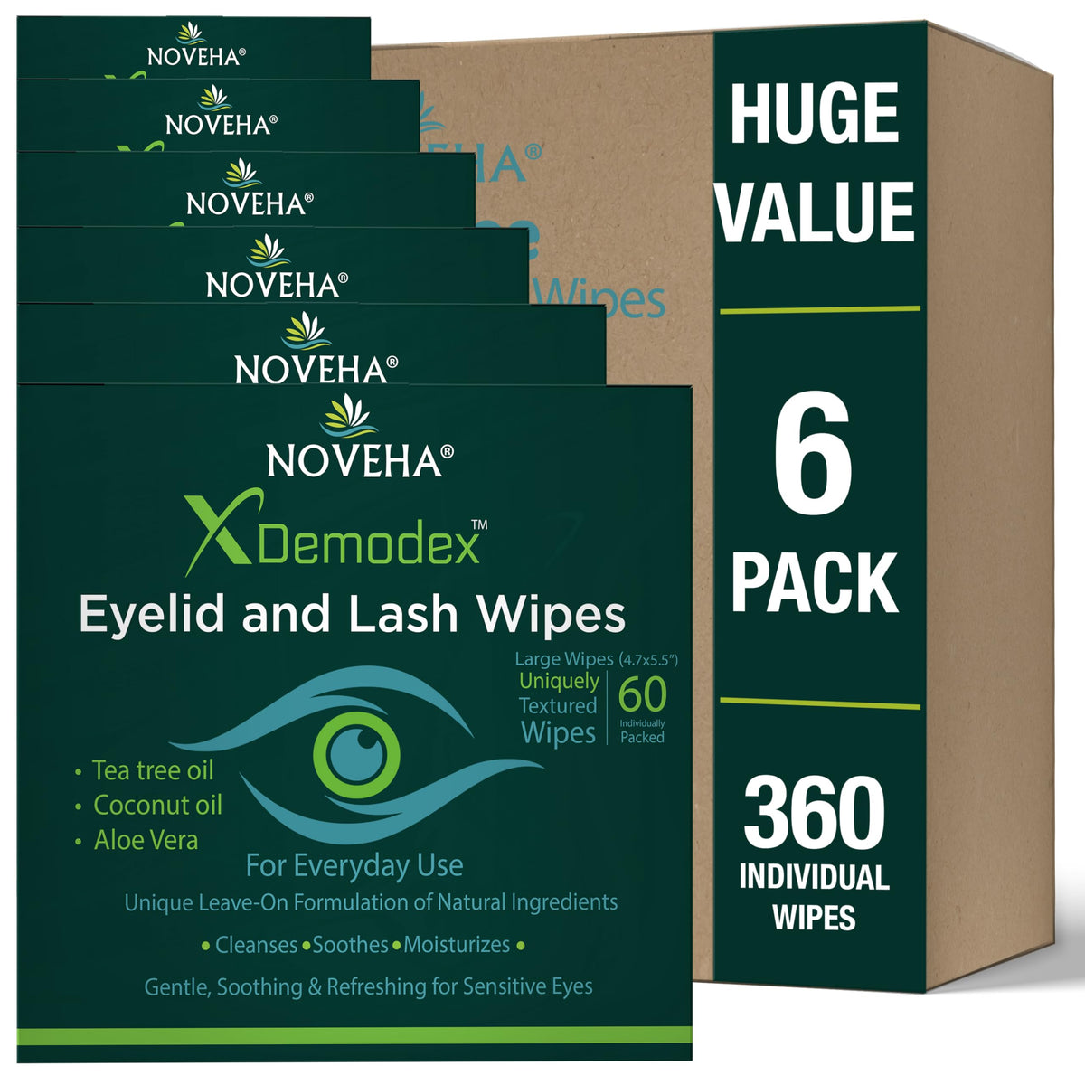 NOVEHA 360PCs Demodex Eyelid & Lash Wipes box front view