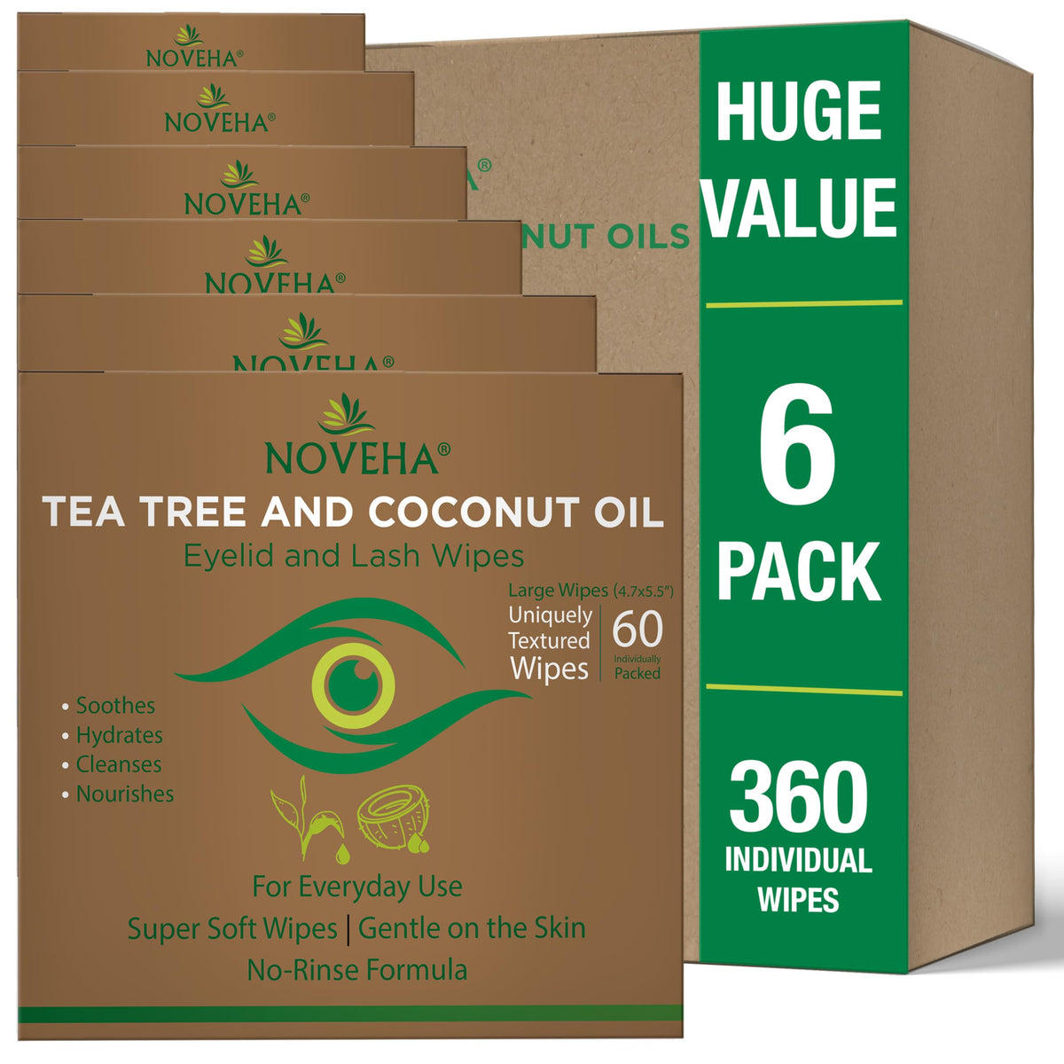 NOVEHA 360PCs Tea Tree & Coconut Oil Eyelid & Lash Wipes box front view