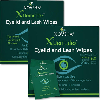 NOVEHA Demodex Eyelid & Lash Wipes box with 60 individually wrapped wipes