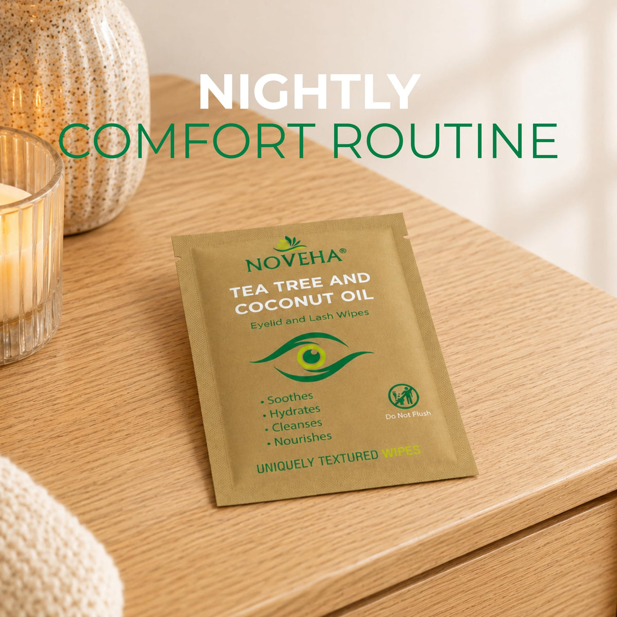 NOVEHA Eyelid & Lash Wipes on a bathroom counter