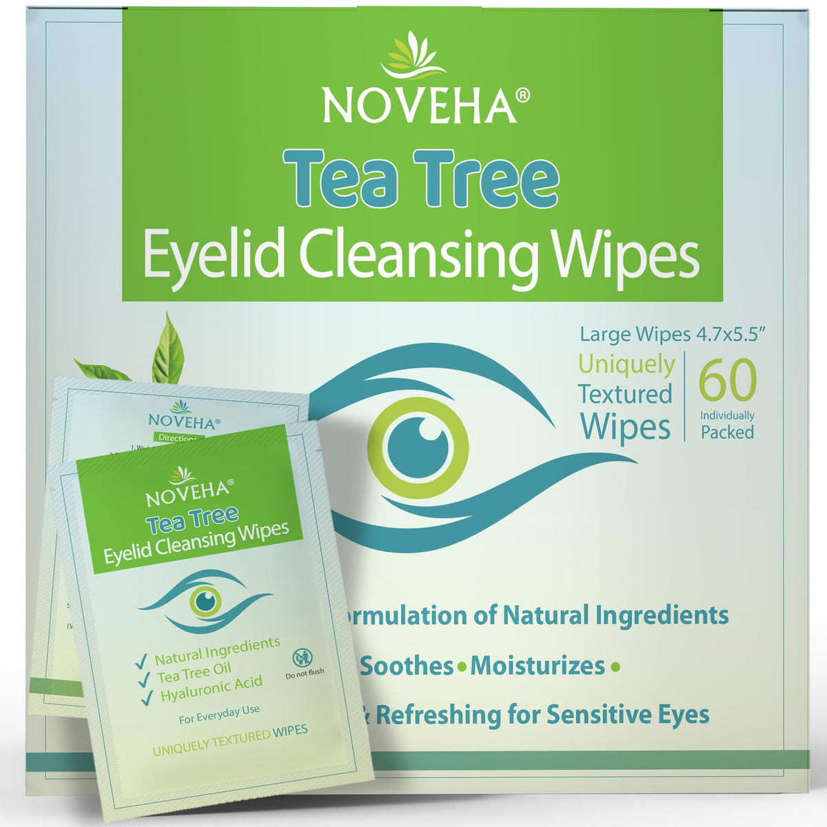 NOVEHA Tea Tree Oil Eyelid & Lash Wipes front view packaging