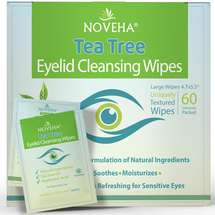 NOVEHA Tea Tree Oil Eyelid & Lash Wipes front view packaging