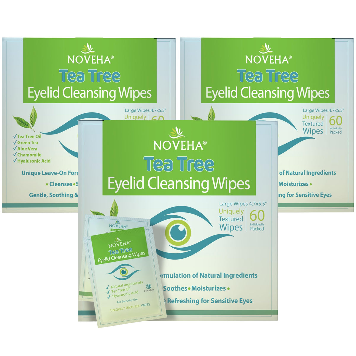 NOVEHA Tea Tree Oil Eyelid & Lash Wipes packaging front view