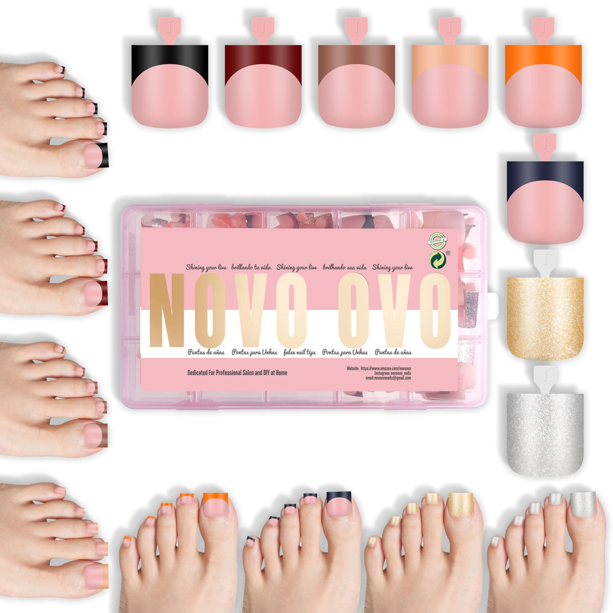 NOVO OVO Colourful French Tip Toe Nail Tips assorted colours front view