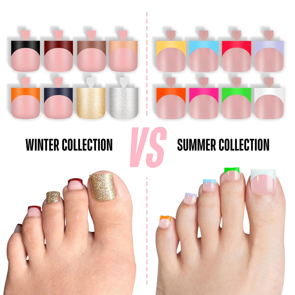 NOVO OVO Colourful French Tip Toe Nail Tips displayed on feet