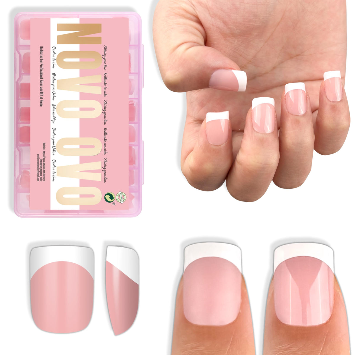 NOVO OVO Extra Short French Tip Nail Tips Baby Pink front view