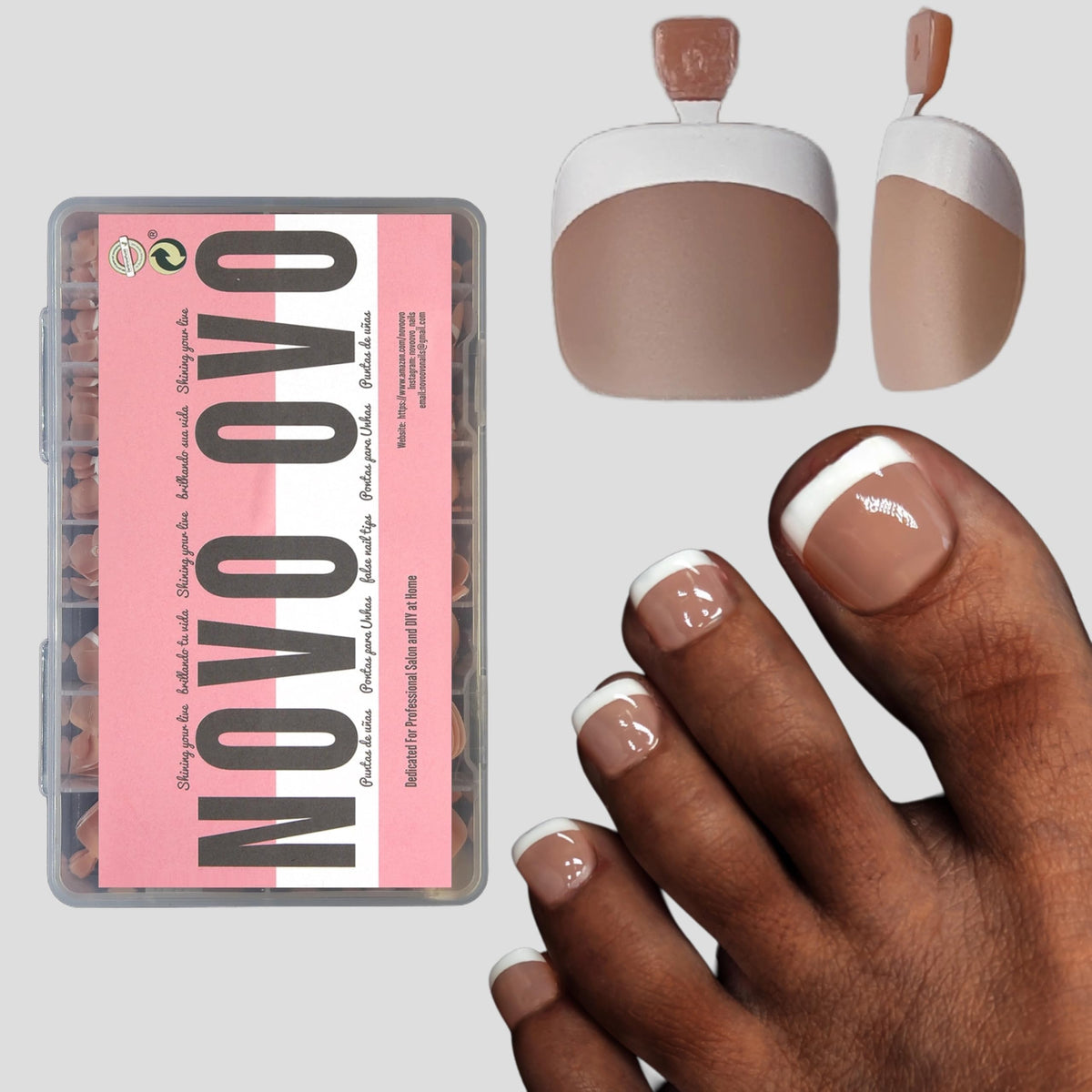 NOVO OVO Fake Toe Nail Tips in brown pink square round design