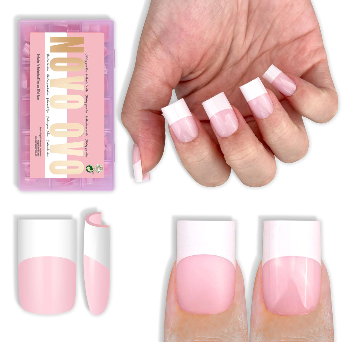 NOVO OVO French Short Square Nail Tips 240 pcs Milky Pink front view