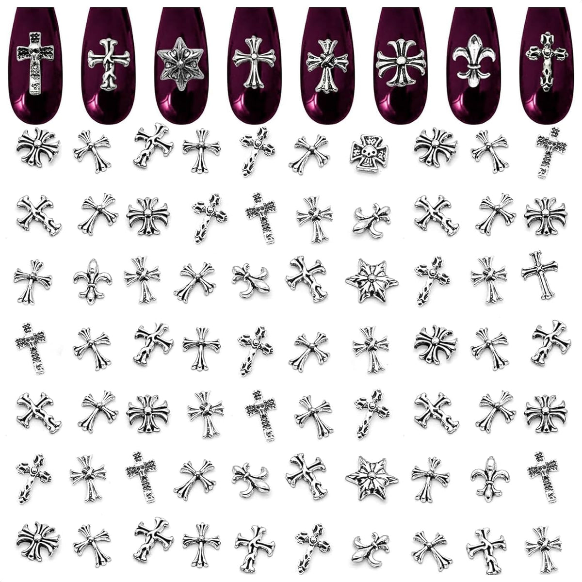 Novsix 120 Pcs Silver Cross Nail Charms assorted shapes and sizes
