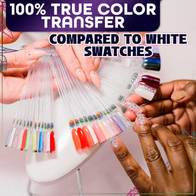 Novsix nail swatch sticks in a beauty salon setting
