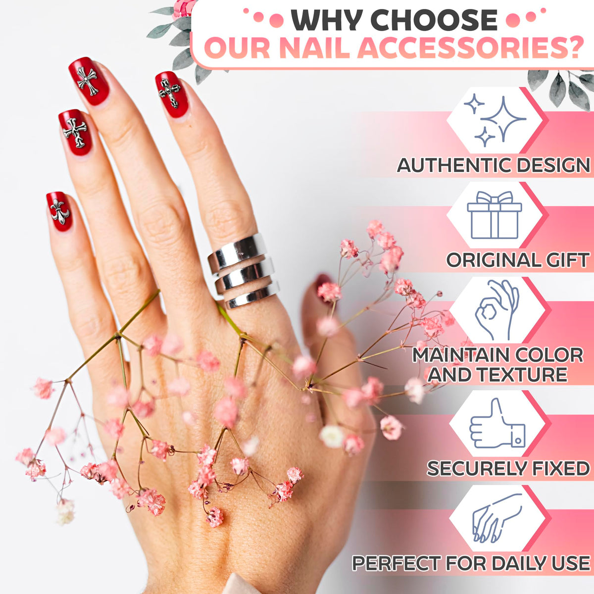 Novsix silver cross nail charms in packaging