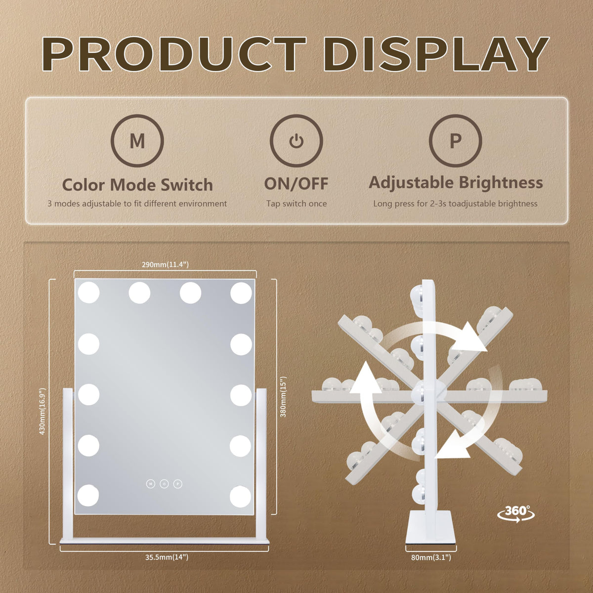 NUSVAN Vanity Makeup Mirror showcasing touch control feature