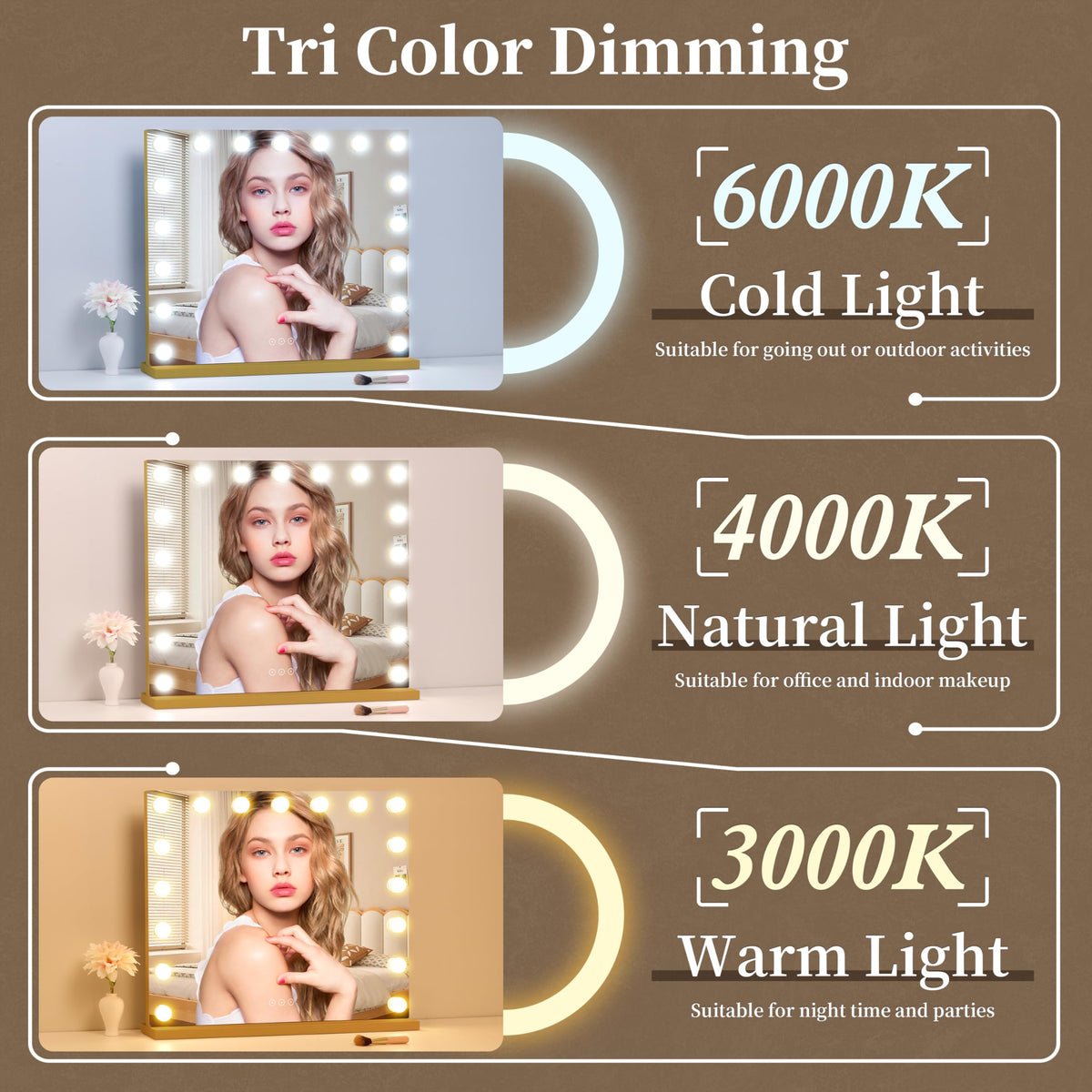 NUSVAN Vanity Mirror showing 3 color lighting modes