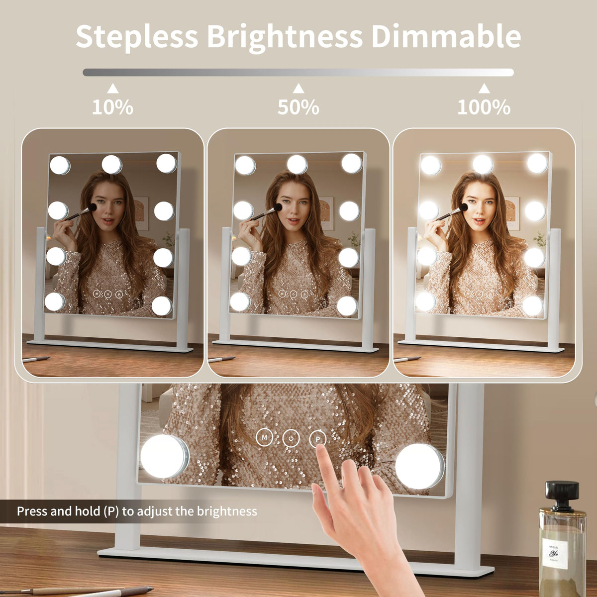 NUSVAN Vanity Mirror showing touch control interface