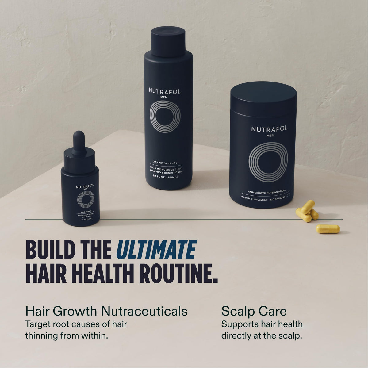 Nutrafol Men's Hair Serum on bathroom shelf