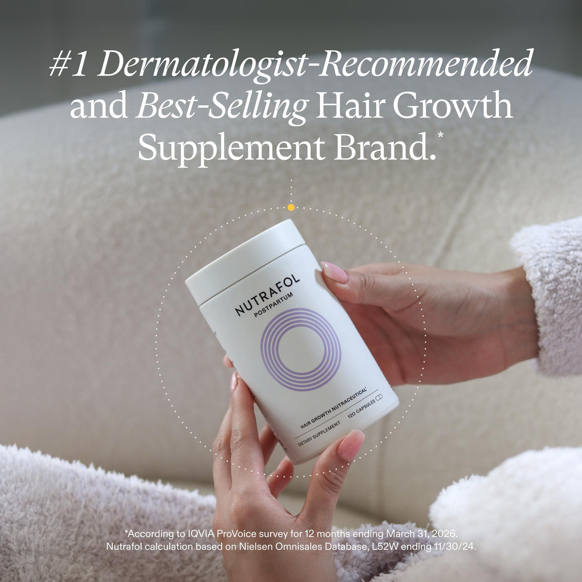 Nutrafol Postpartum Hair Growth Supplements bottle with capsules