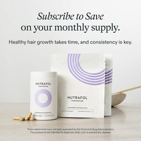 Nutrafol Postpartum Hair Growth Supplements packaging on a table