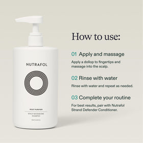 Nutrafol shampoo bottle with a fresh background