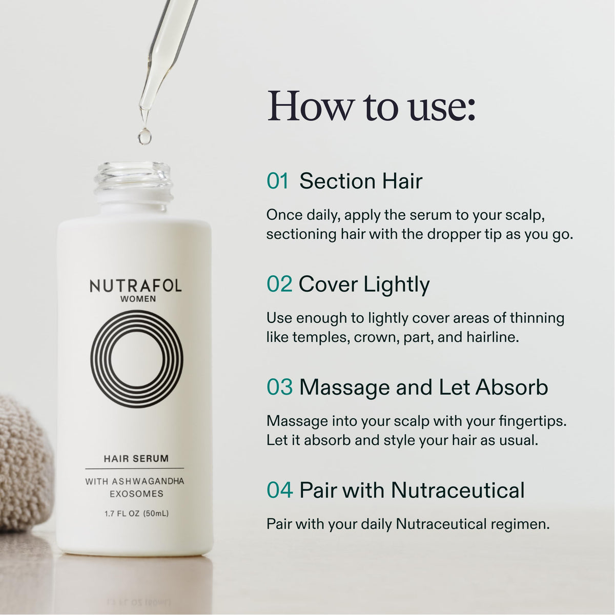 Nutrafol Women's Hair Serum on a bathroom counter