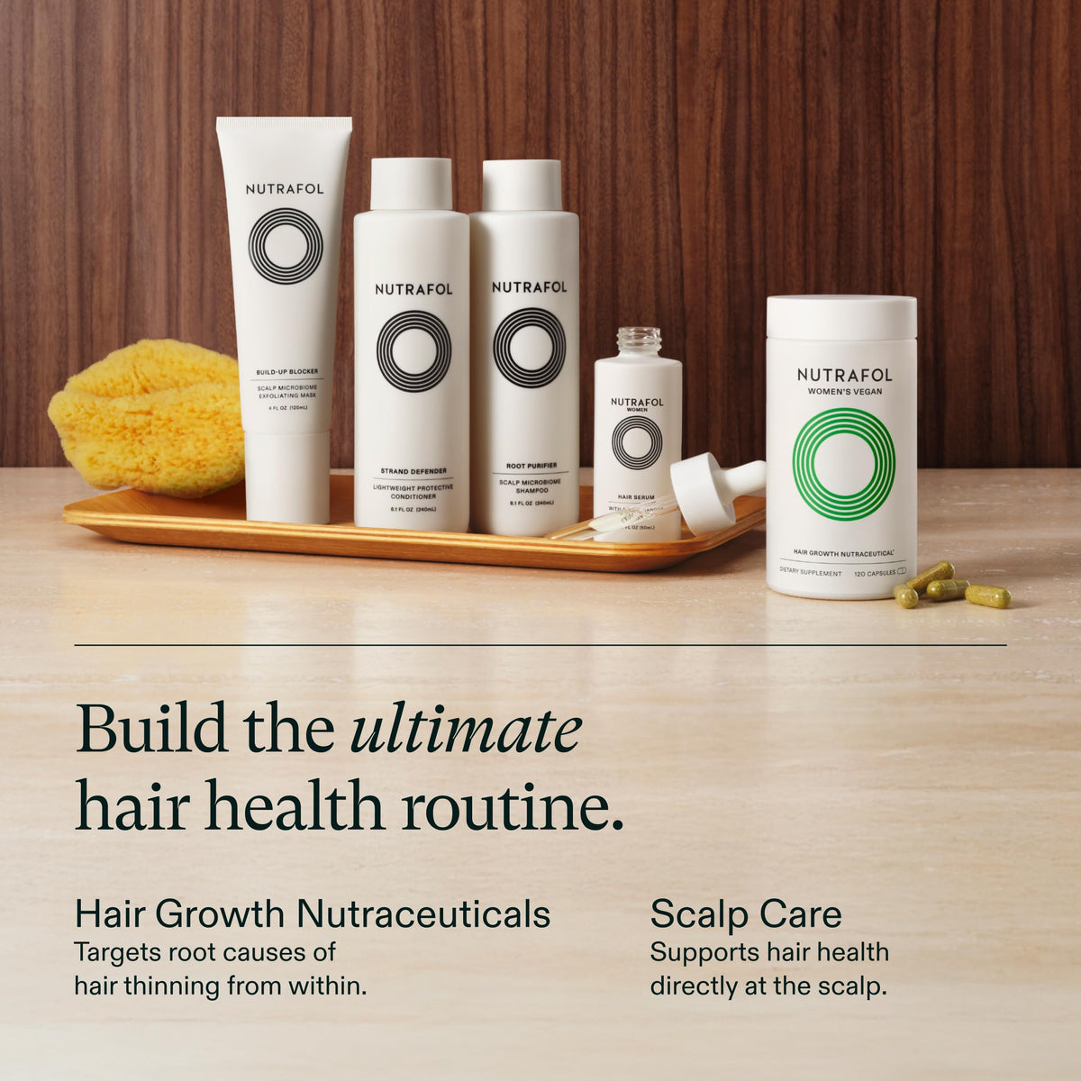 Nutrafol Women's Hair Serum on a bathroom shelf