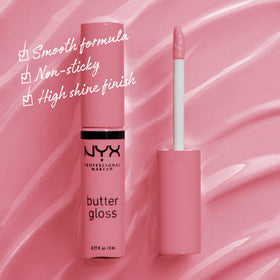 NYX Butter Gloss Angel Food Cake on a model's lips