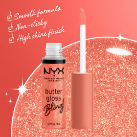 NYX Butter Gloss Bling Lip Gloss in Dripped Out shade on model
