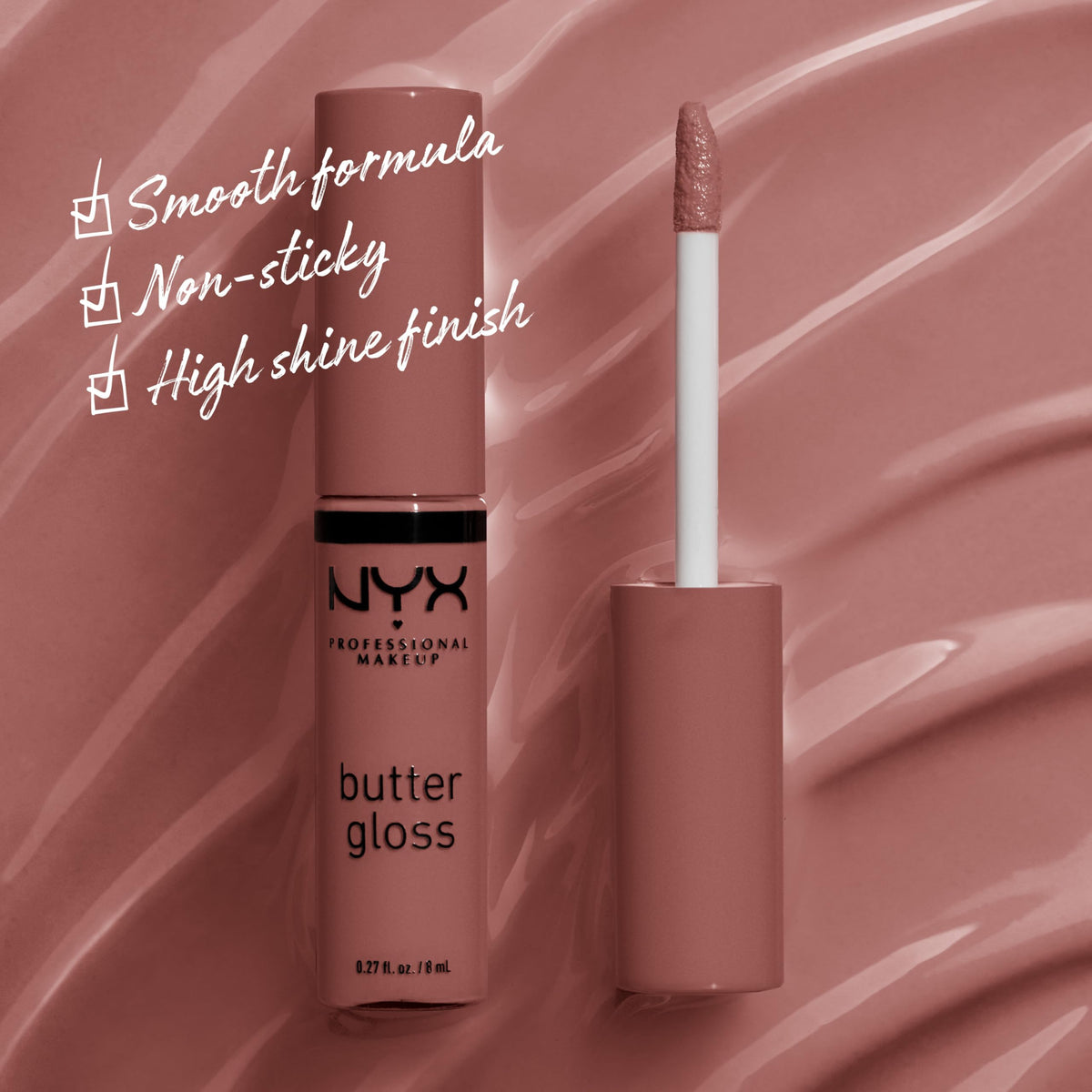 NYX Butter Gloss Brown Sugar applicator in use