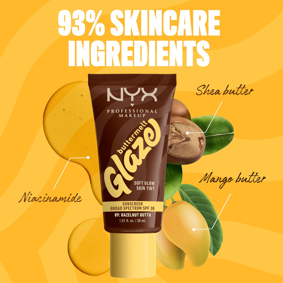 NYX Buttermelt Glaze Skin Tint with makeup brushes