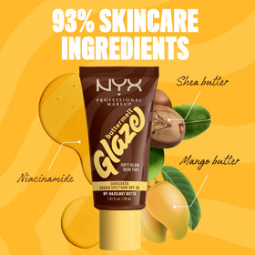 NYX Buttermelt Glaze Skin Tint with makeup brushes