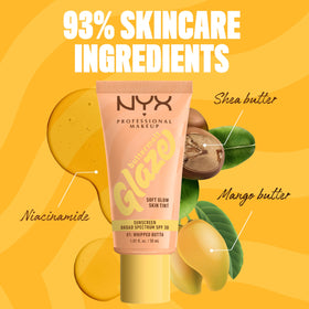 NYX Buttermelt Glaze Soft Glow Skin Tint 01 Whipped Butta with makeup brush