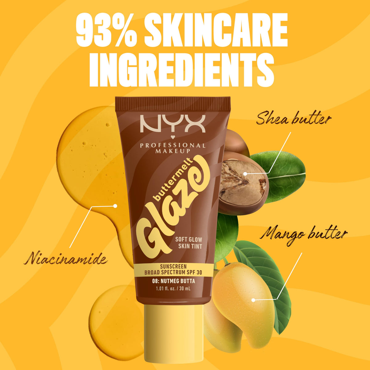 NYX Buttermelt Glaze Soft Glow Skin Tint with makeup brushes