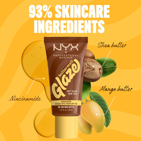 NYX Buttermelt Glaze Soft Glow Skin Tint with makeup brushes