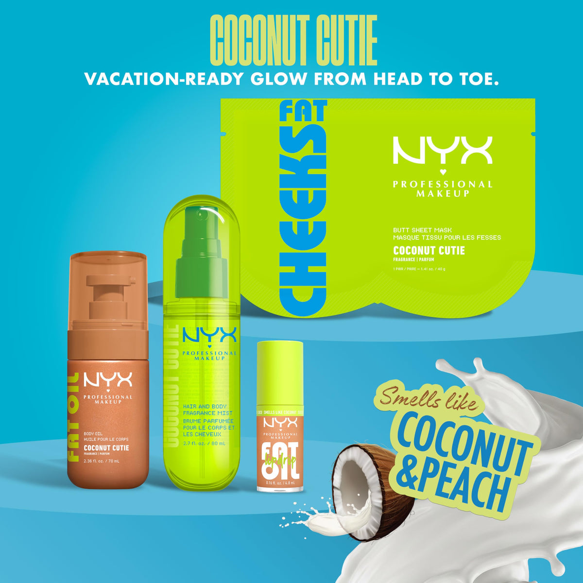 NYX Fat Oil Lip Drip Coconut Cutie with a tropical background