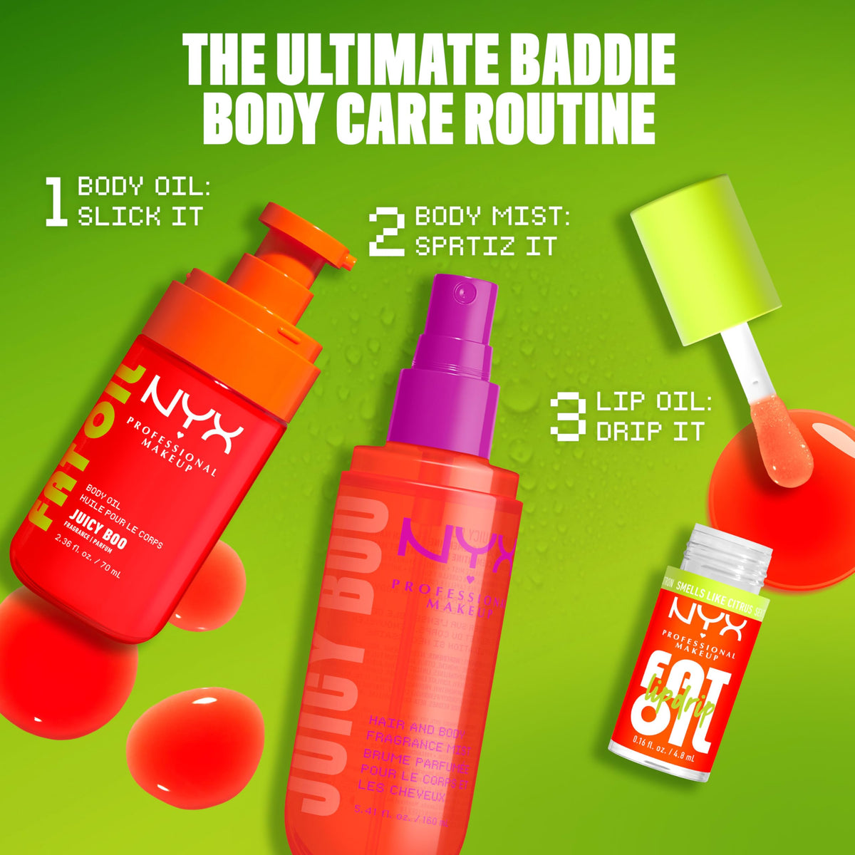 NYX Fat Oil Lip Drip Juicy Boo beside fresh fruit for a vibrant look